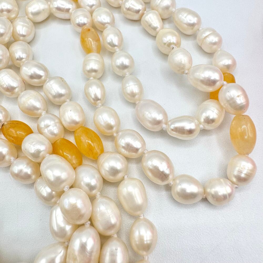 Flapper Length Cultured Pearl and Peach Gemstone Necklace Knotted Beachy Summery - Picture 14 of 16